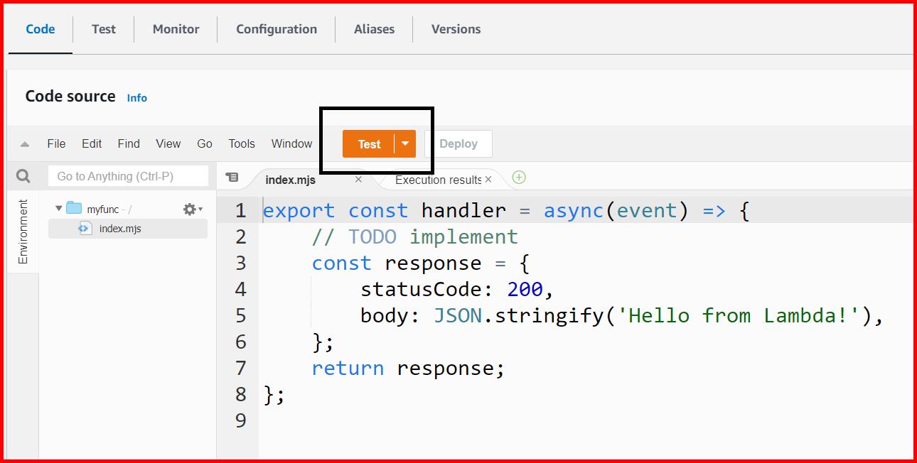 Picture showing the test button for testing the lambda function